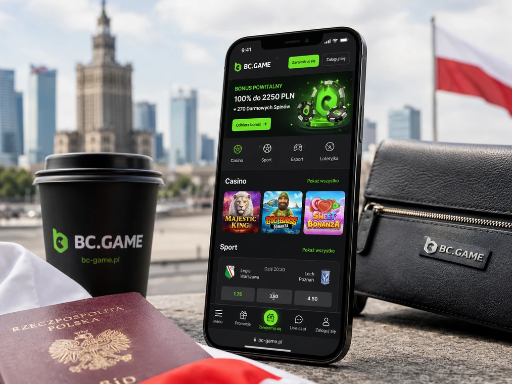 BC Game Poland mobile app on a smartphone in a Polish city setting